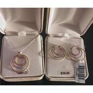 Tri-Tone Hoop Pendant Necklace and Earring Set - 10K Gold, Silver, Rose Gold